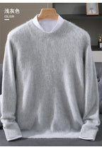 Autumn Winter 100% Mink Cashmere Sweater Men's Round Neck Pullover Loose Solid Color Plus Size Base Knit Business Casual Sweater