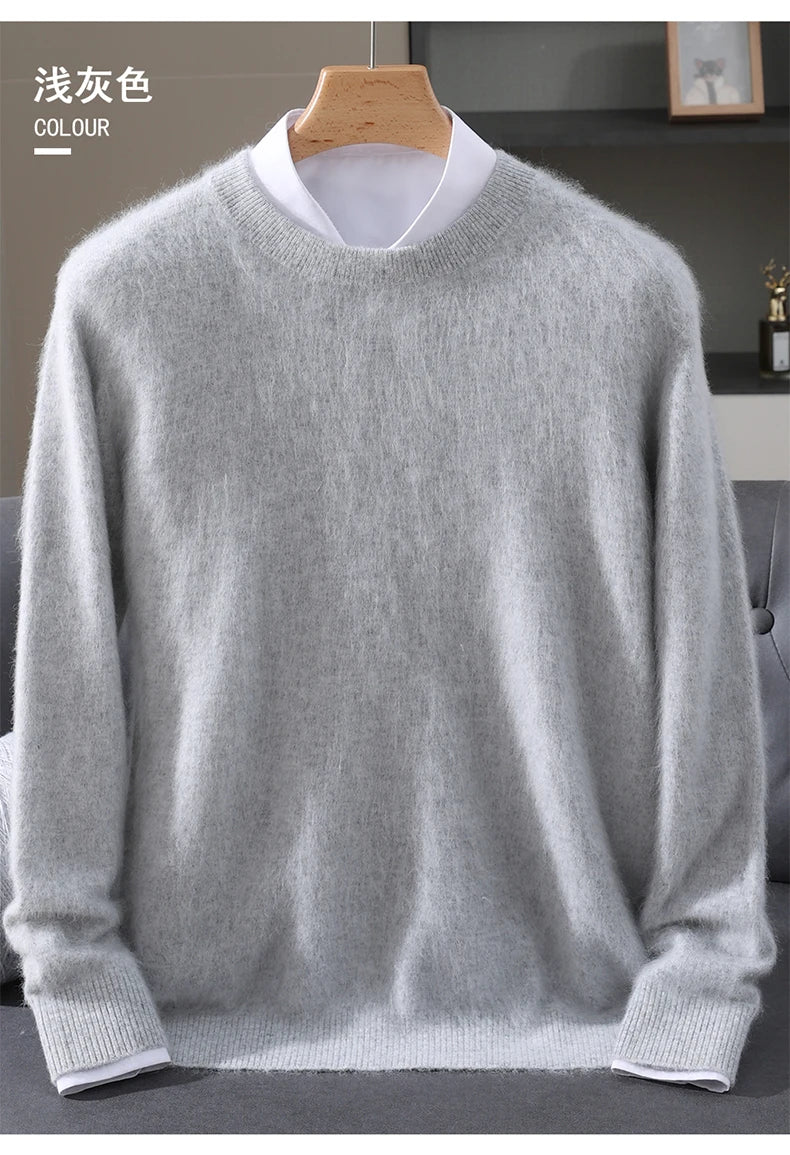 Autumn Winter 100% Mink Cashmere Sweater Men's Round Neck Pullover Loose Solid Color Plus Size Base Knit Business Casual Sweater