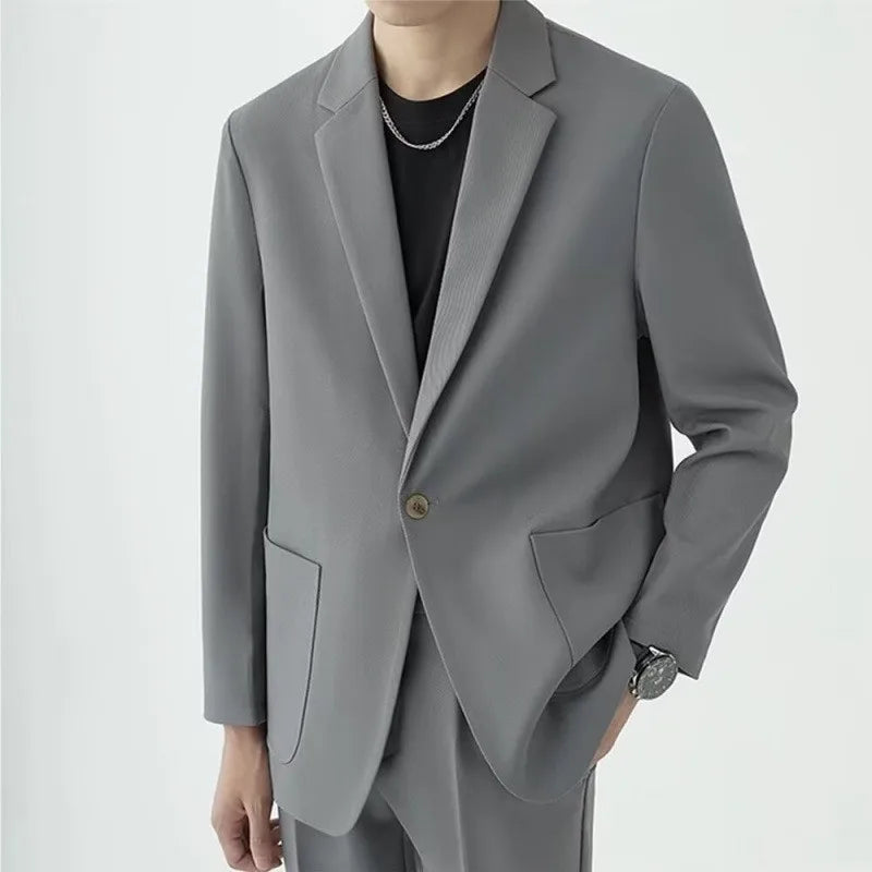 KIDWHXR Men 2-piece Outfit Loose Single-breasted Blazer Male Straight-leg Pant Man Korean Simple Solid Business Casual Suit Set