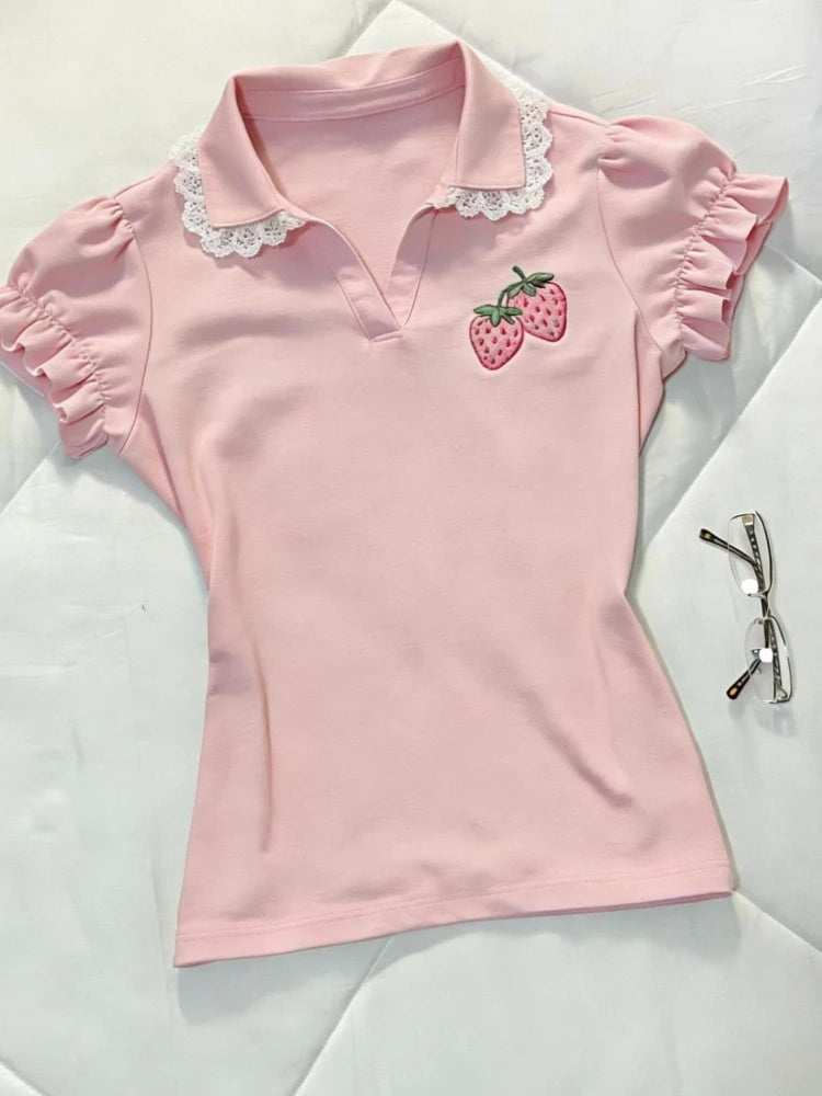 Sweet Design Patchwork Lace Slim T-Shirts Women Casual Kawaii Strawberry Embroidery Polo Collar Tees Fashion Lovable Clothes