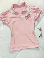 Sweet Design Patchwork Lace Slim T-Shirts Women Casual Kawaii Strawberry Embroidery Polo Collar Tees Fashion Lovable Clothes