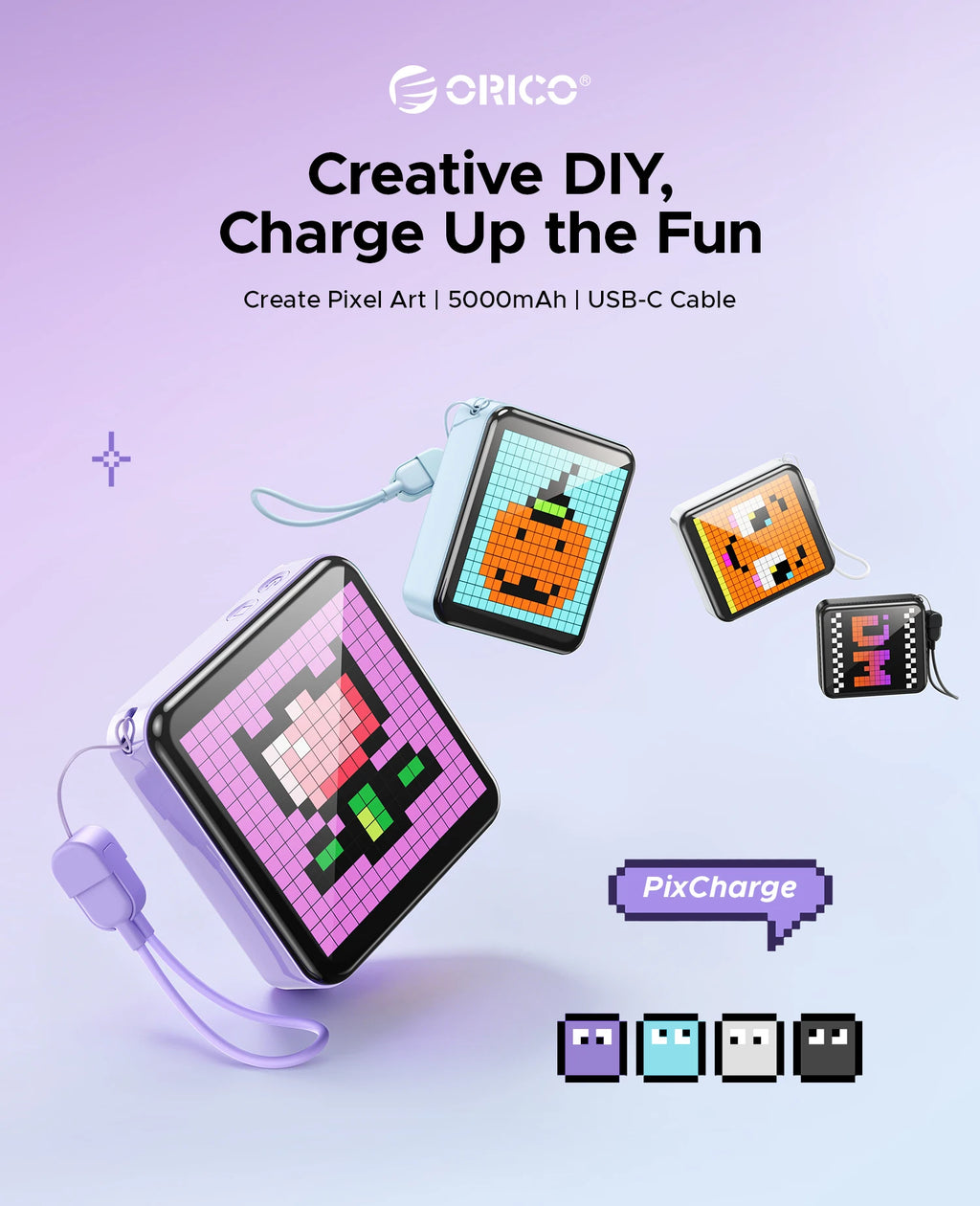 ORICO 5000mAh Pixel Art Power Bank with Built-in USB-C Cable 256 LED Beads Custom DIY Portable Charger for Smartphones