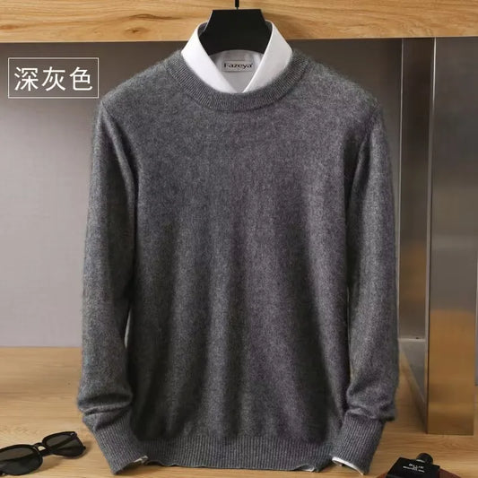 Autumn Winter 100% Mink Cashmere Sweater Men's Round Neck Pullover Loose Solid Color Plus Size Base Knit Business Casual Sweater