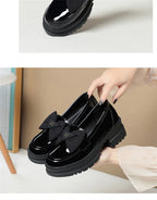 Spring Women British Style Shallow Patent Leather Black Loafers Thick Bottom Bow Platform Shoes 2024 Med Heels Single Pumps