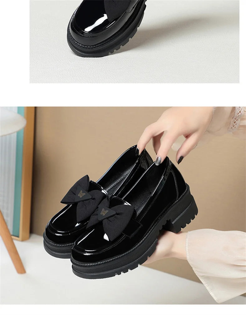 Spring Women British Style Shallow Patent Leather Black Loafers Thick Bottom Bow Platform Shoes 2024 Med Heels Single Pumps