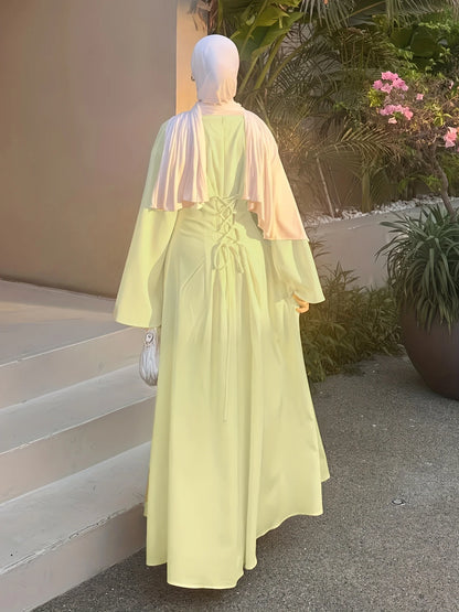Middle Eastern Ethnic Style New Elegant Robe Muslim Festival Party Ramadan Yellow Long-Sleeved Round Neck Tie Waist Elegant Commuting Comfortable Breathable Solid Color Dress Without Headscarf