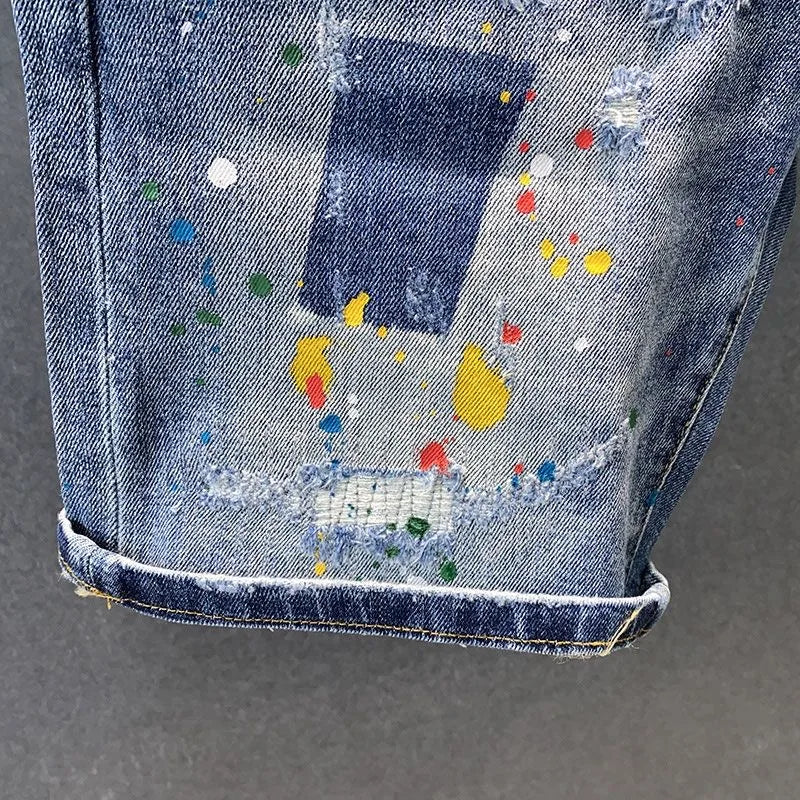 2025 Summer New Fashion Trend Printed Ripped Straight Stretch Jeans Men's Casual Loose Sports High Quality Denim Shorts 28-36