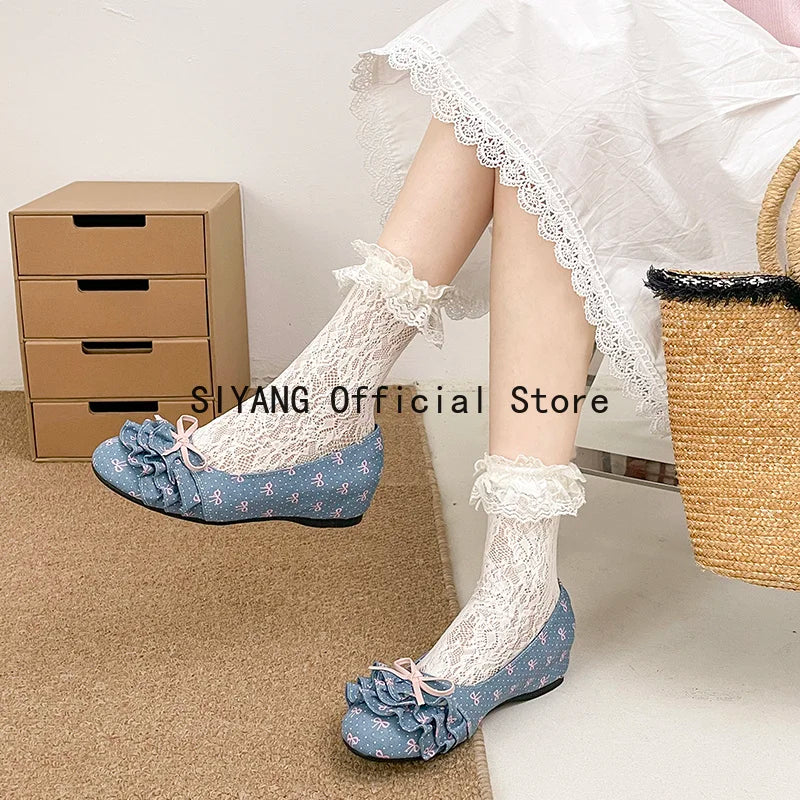 Polka Dot Mary Jane Shoes Women Sweet Ruffle Internal Elevation Shoes Ladies Soft Sole Slip On Daily Comfort Dress Footwear