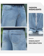 FENROOST Plus Size Men's High Waist Straight Leg Jeans Four Seasons Loose Baggy Denim Trousers Casual Versatile Long Pants New