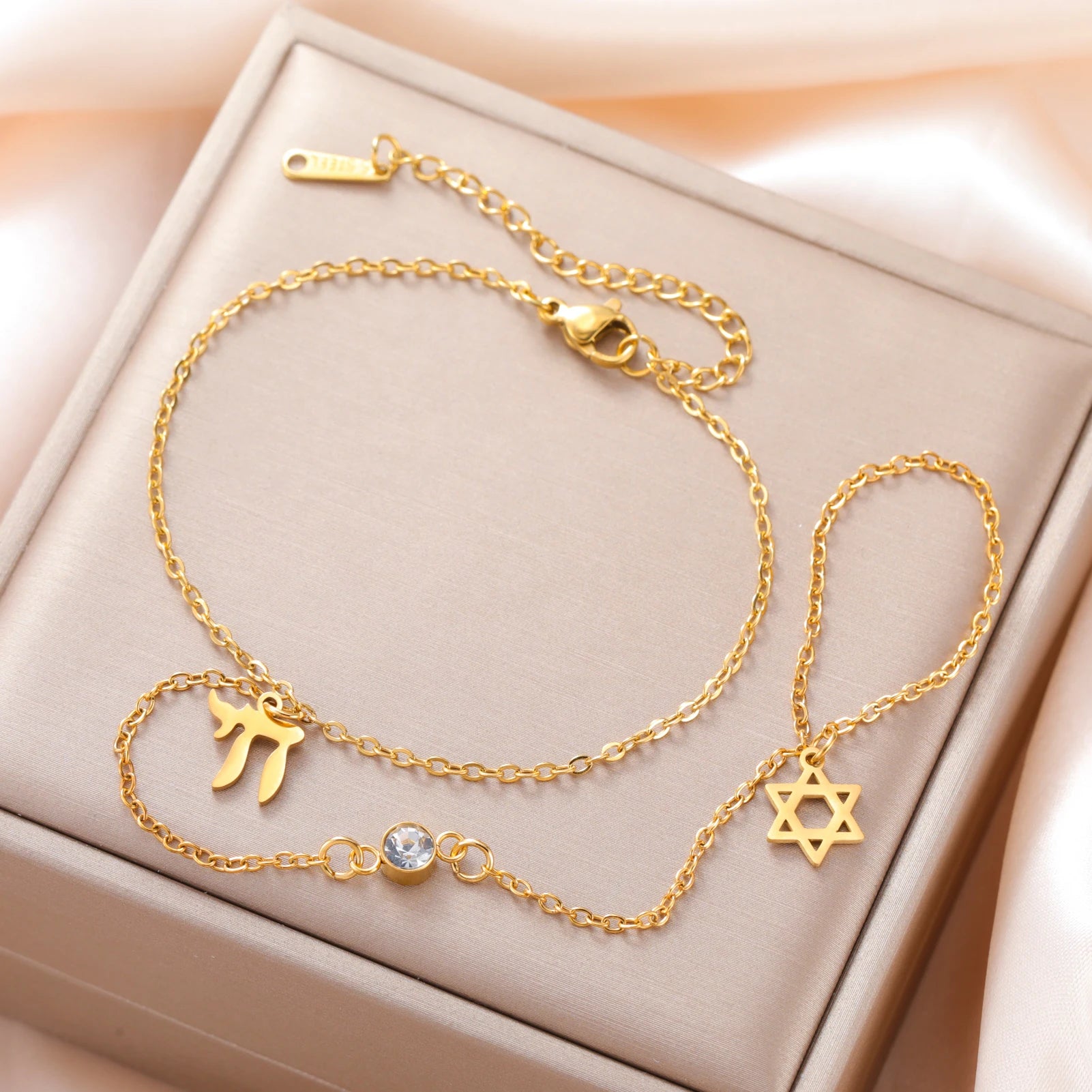 Jewish Star of David Hebrew Letter Chai Finger Bracelet Stainless Steel Adjustable Hexagram Zircon Bracelets Amulet Jewelry