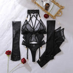 Lingeries Sexy Hot Tempted Intimate Bra Thong 2PC Set with Garter Belts Stockings Gloves Fantasy Sheer Daring Lingerie for Women