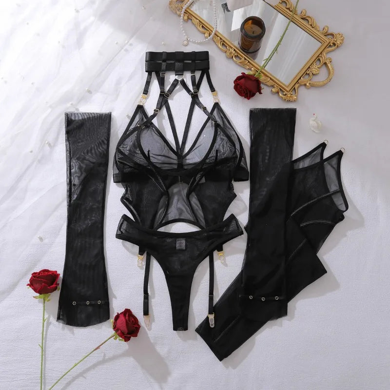 Lingeries Sexy Hot Tempted Intimate Bra Thong 2PC Set with Garter Belts Stockings Gloves Fantasy Sheer Daring Lingerie for Women