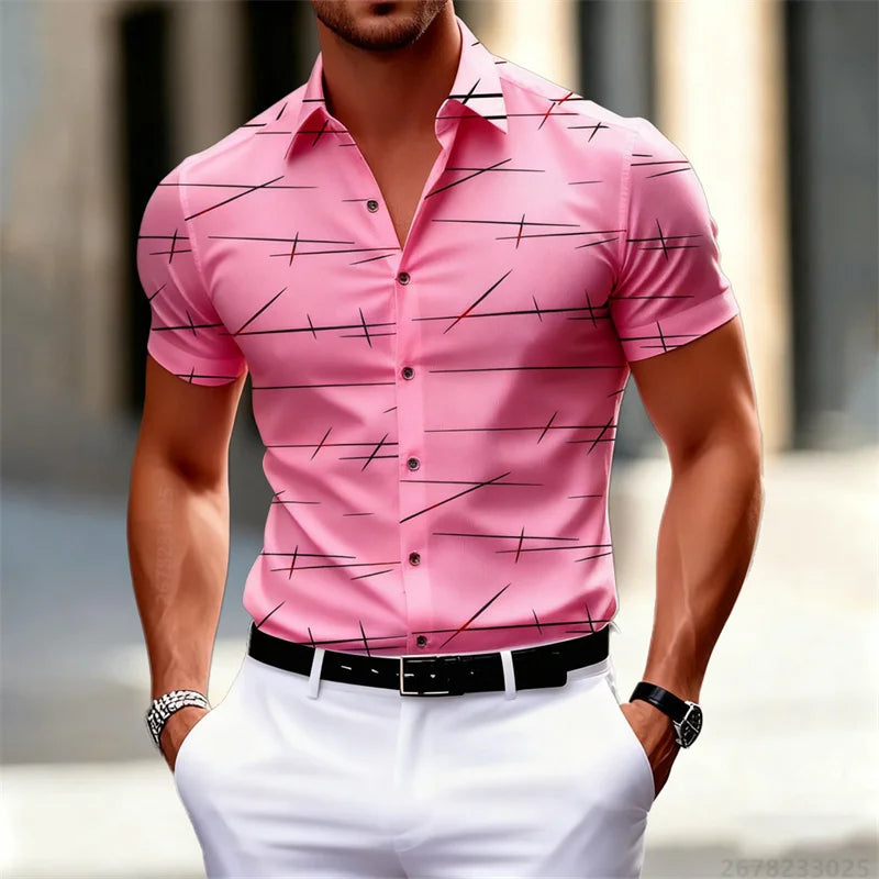 18 colors new men's fashion geometric line print short-sleeved shirt Urban casual style slim lapel shirt comfortable fabric