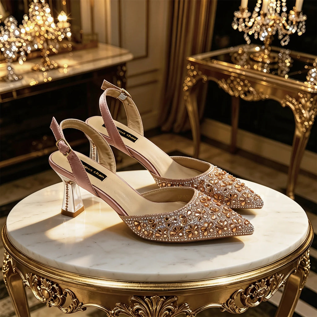 New Italian Pumps and Bag To Party 2026 INS Style Pointed Metalldekoration Rhinestone Elegant Gold Color High Heels for Women