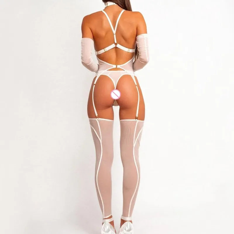 Lingeries Sexy Hot Tempted Intimate Bra Thong 2PC Set with Garter Belts Stockings Gloves Fantasy Sheer Daring Lingerie for Women