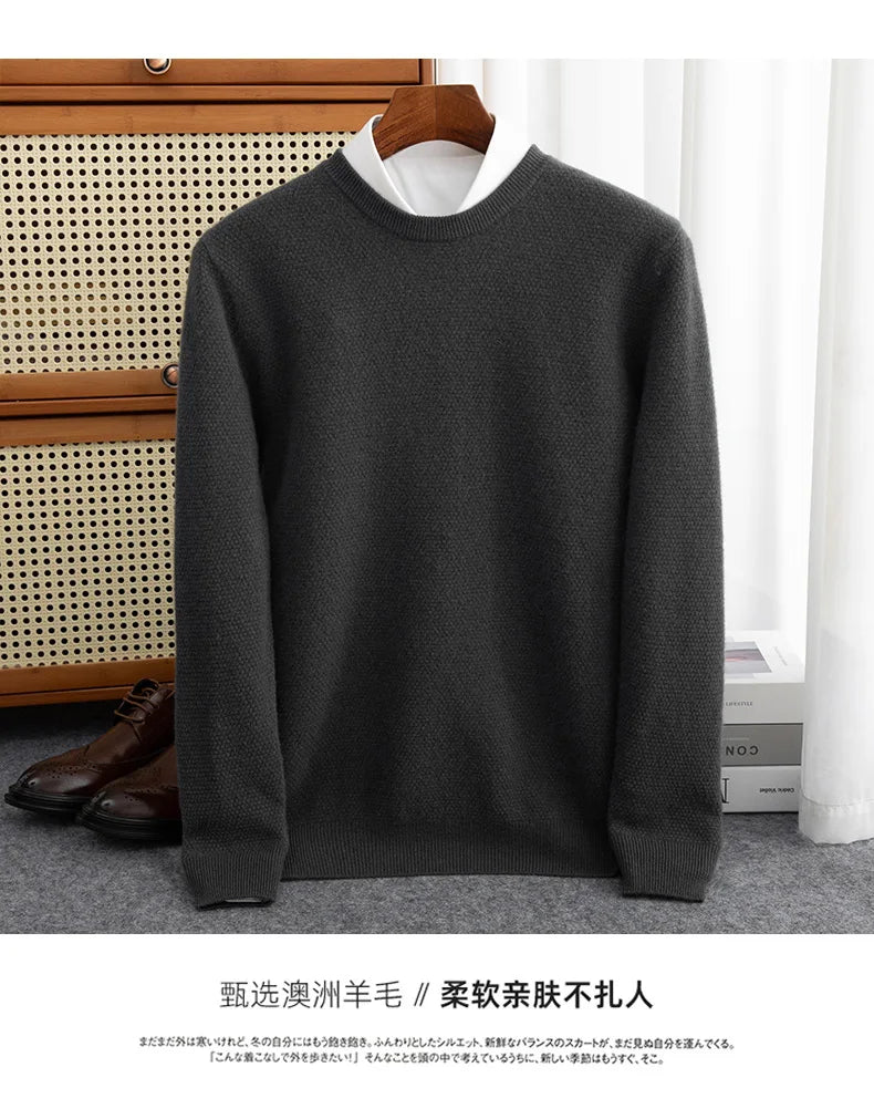Autumn And Winter 100% Pure Wool Men's Round Neck Thick Solid Color Sweater Business Casual Knitting Bottoming Shirt