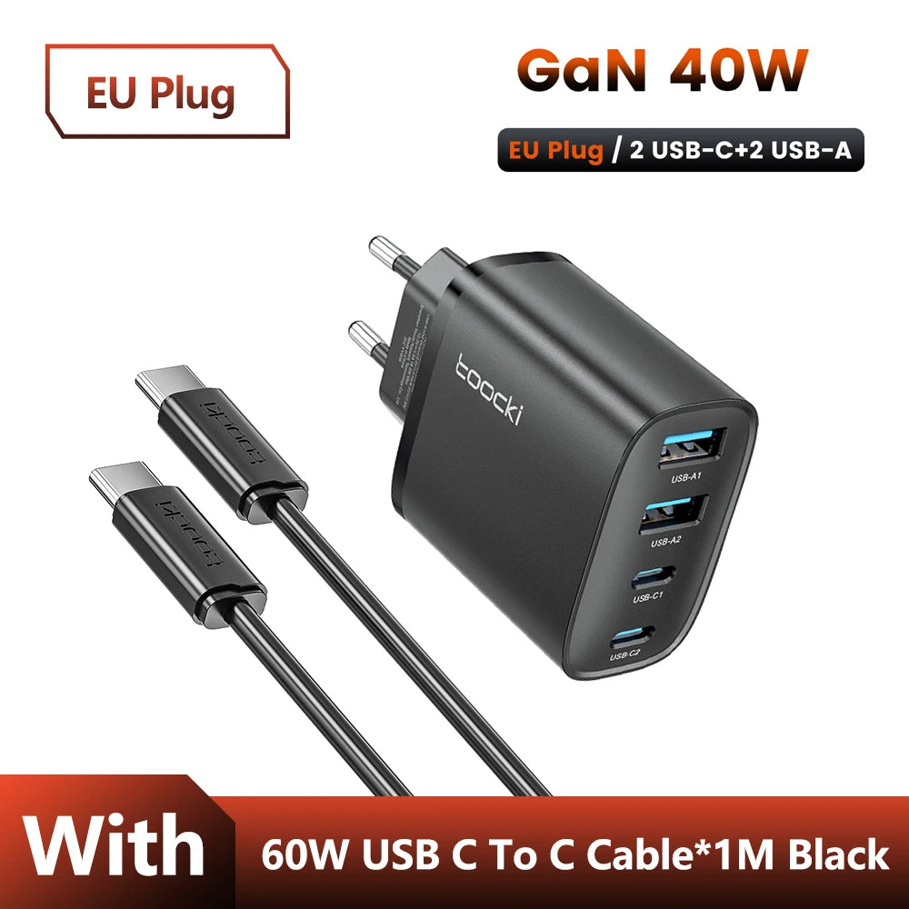 Toocki 40W GaN Fast Charger QC4.0 PD3.0 AFC SCP 4 Port USB Type C Charger for iPhone 16 15 14 Samsung S25 S24 Xiaomi Huawei OPPO