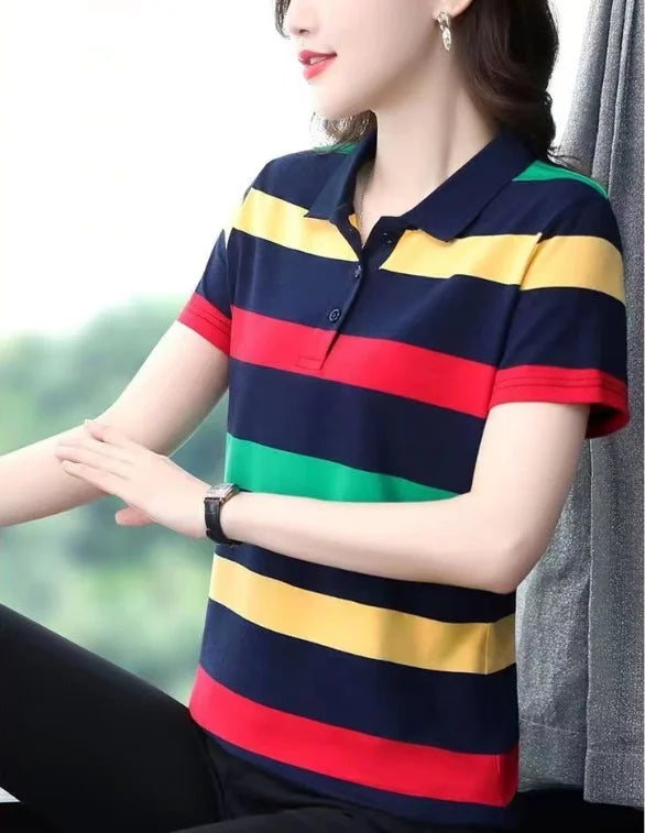 Women Summer Tops Strip Tees Sexy Vintage Short Sleeve 5XL Polo T Shirts Loose Casual Befree Boho Tees