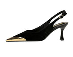 Elegant Women Green High Heel Velvet Pumps Wedding Party Slingback Sandals Metal Pointed Toe Hollow Buckle Wine Red Shoes