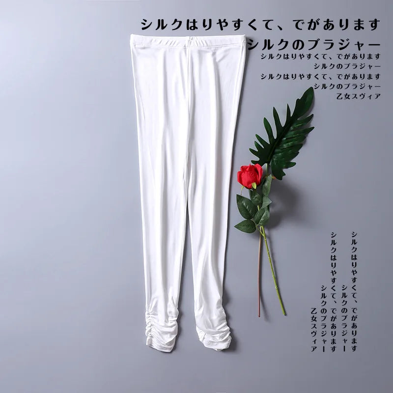 Birdtree Women Leggings Knitted Natural Silk 3/4 Length Slim Pants Anti Emptied Bottoms Black Khaki Summer 2023 New B37129QC