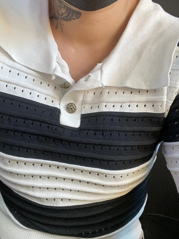 POLO Hollow Out Breathable Short Sleeve T Shirt Knit Striped Crop Top Aesthetic Clothing Summer Blouses For Women