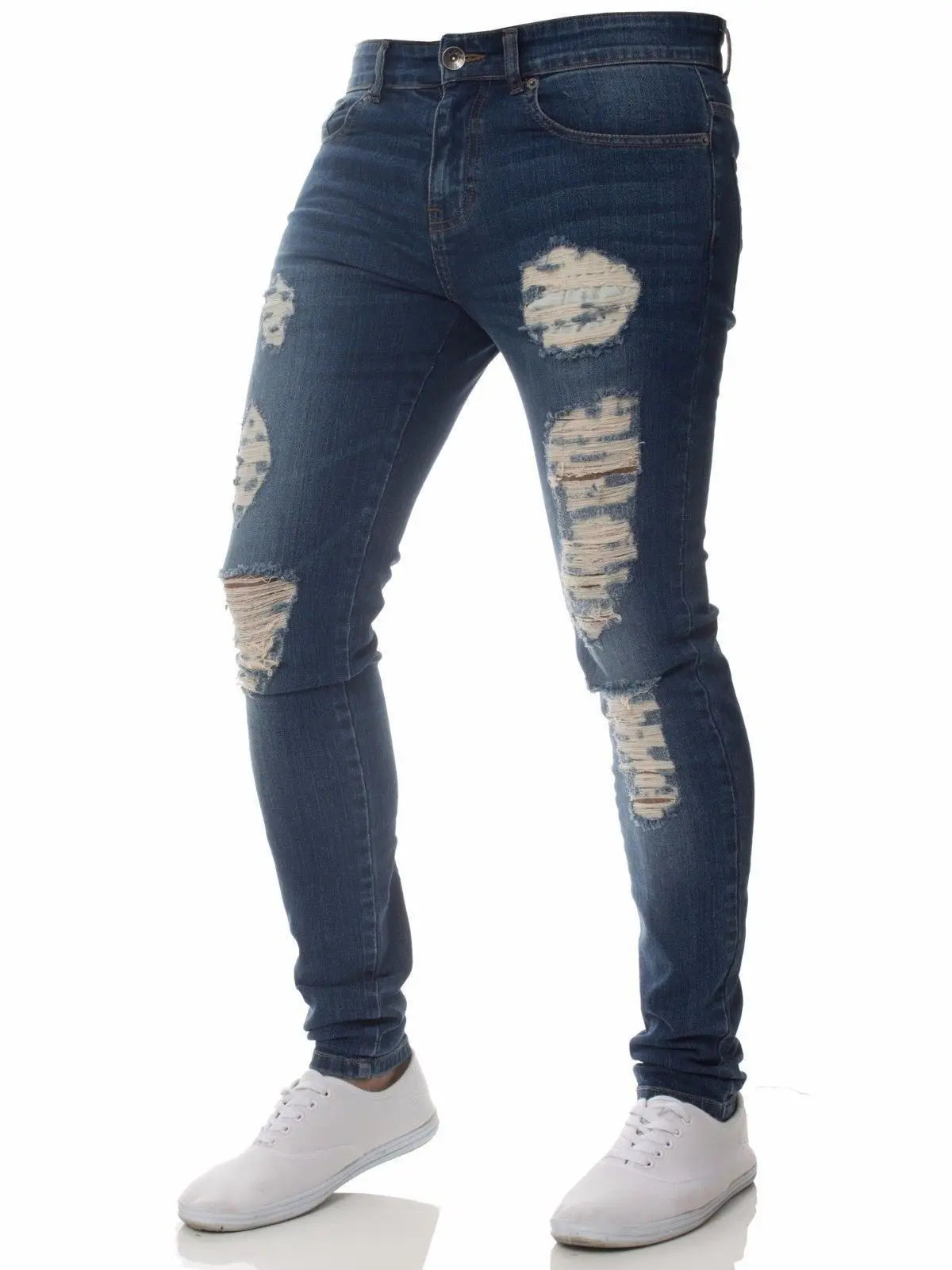 2023 Fashion Street Style Ripped Skinny Jeans Men Vintage wash Solid Denim Trouser Mens Casual Slim fit Black Blue denim Pants