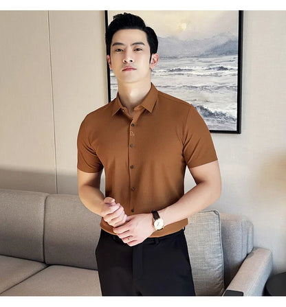 Men's White Business Casual Shirt, Fitted Striped Elastic Short-sleeved Shirt, Exquisite Embroidered Summer Formal Work Uniform.