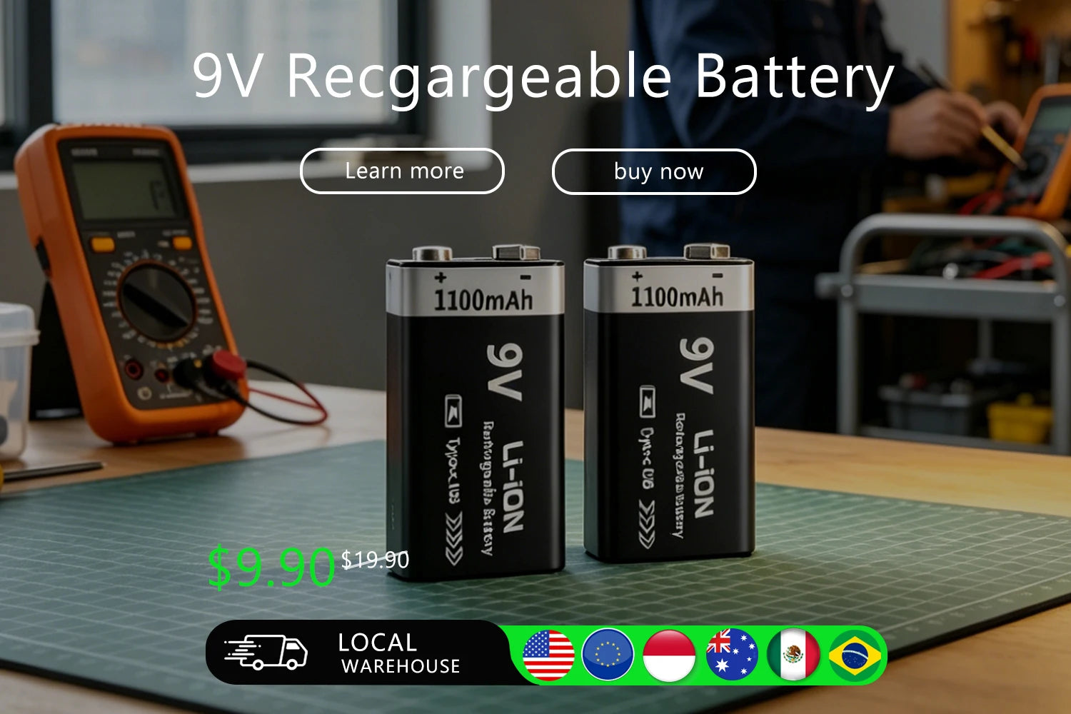 Kuugro USB 9V Rechargeable Battery 1100mAh Type-C Rechargeable 6F22 9V Li-ion Battery for RC Helicopeter Model Multimeter Toy