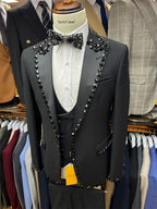 Black Men Suits Set 3 Pieces BlazerVest Pant Crystals Prom Groom Wedding Tuxedos Tailored Made Formal Office Jacket Outfit