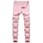Men's Pleated Patch Denim Biker Jeans Streetwear Pink White Cotton Pants Ripped Patchwork Slim Straight Trousers