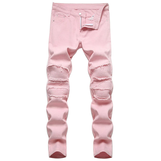 Men's Pleated Patch Denim Biker Jeans Streetwear Pink White Cotton Pants Ripped Patchwork Slim Straight Trousers