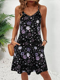 Women's Purple Floral Print Spaghetti Strap Sundress, Summer Casual V Neck Flowy A-Line Mini Dress With Side Pockets