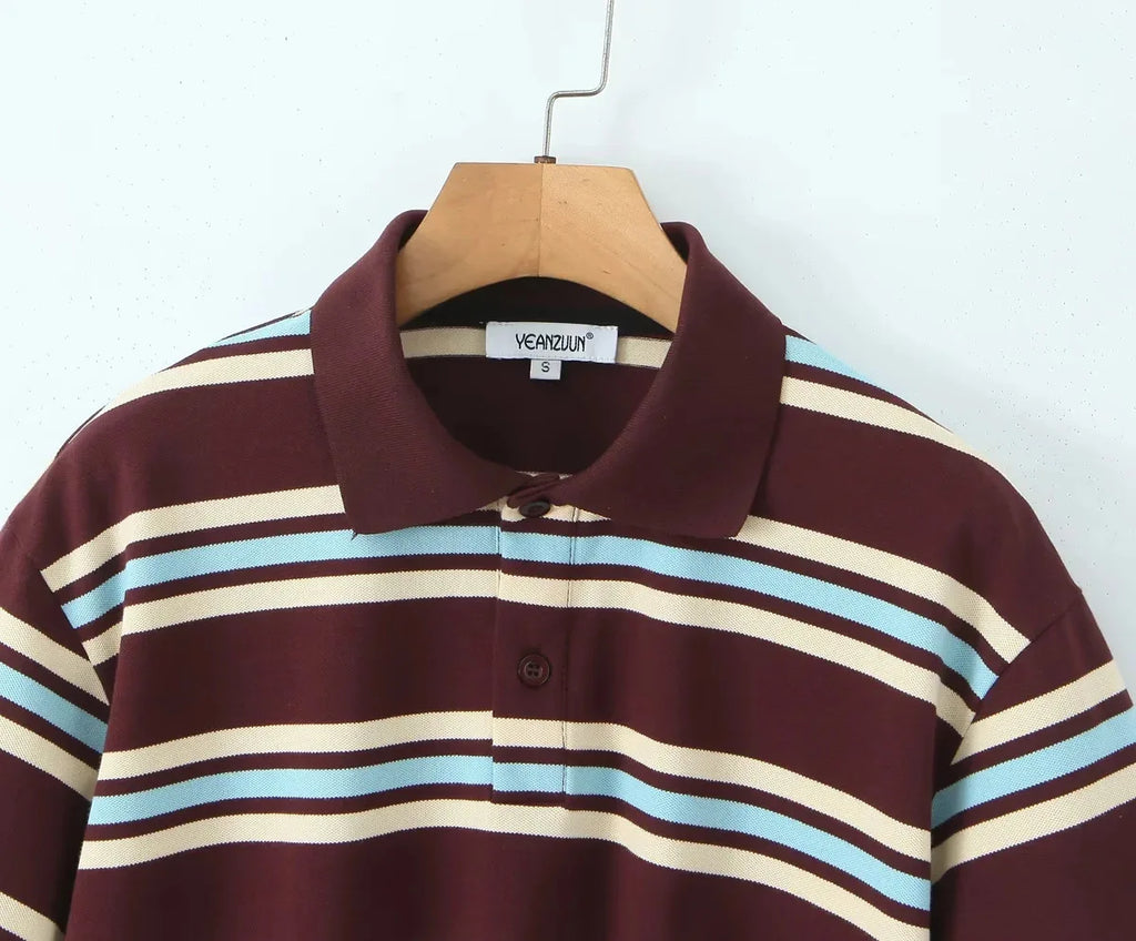 Summer Ladies Polo Shirts Woman Shorts Short Sleeve Brown Striped Vintage Clothes Polo Shirts Mujer Streetwear Crop Tops Casual