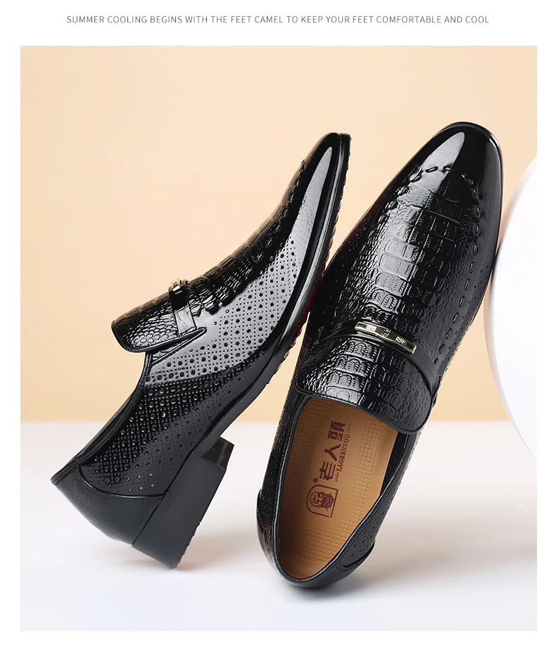LAORENTOU true cowhide breathable perforated leather shoes with pointed tips, British business dress perforated leather sandals