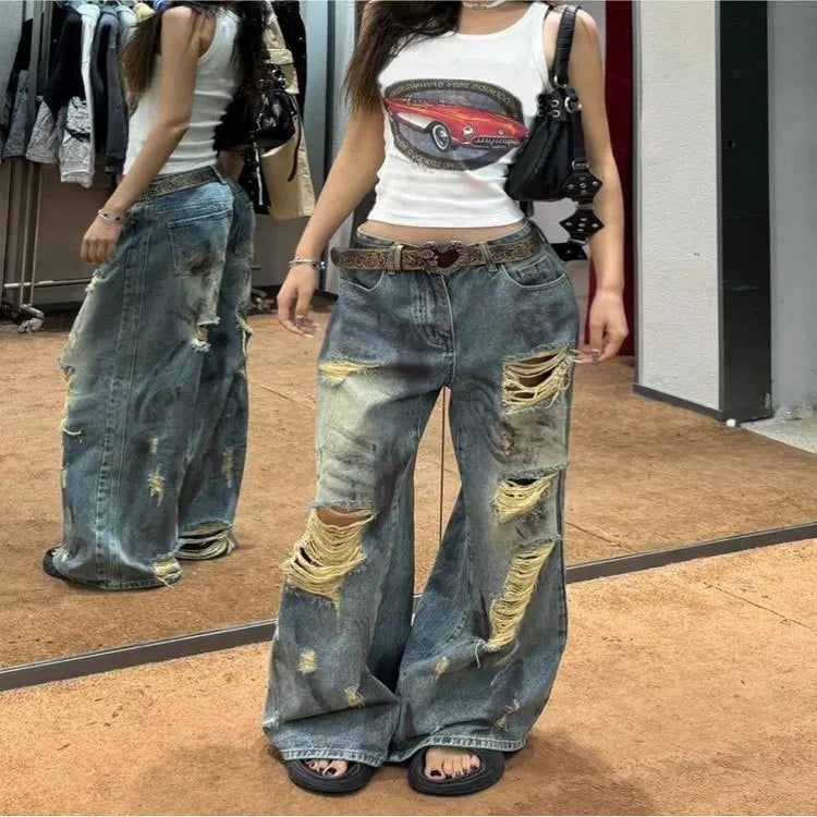 Women's Light Blue Distressed Wide Leg Jeans High Waist Heavy Ripped Vintage Y2K Baggy Denim Pants