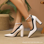 European American Pointed Toe Patent Leather Color Block Shoes Block Heel High Heels Elegant Fashion Casual Shallow Mouth Plus
