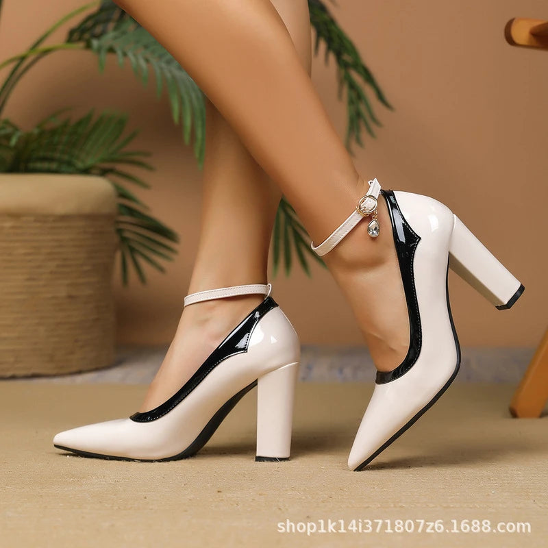 European American Pointed Toe Patent Leather Color Block Shoes Block Heel High Heels Elegant Fashion Casual Shallow Mouth Plus