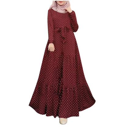 Polka Dot Muslim Dress Ruffle Belted Waist Women'S Dresses Long Sleeve Button Down Abaya Casual Vestidos Kaftan Dubai Long Robe