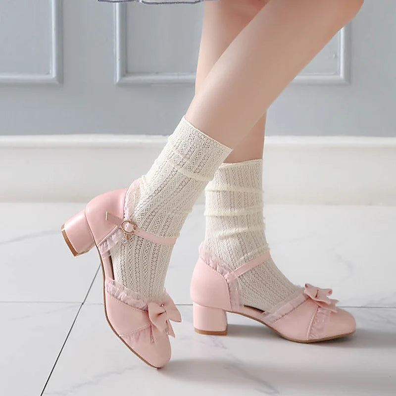 Sweet Japanese Lolita Princess Dance Shoes Girls Cute Bowtied Summer Shoes Round toe White Pink College Pumps Ladies Sandals