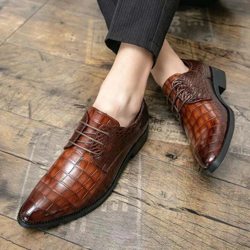 Mens Brown Crocodile Embossed Leather Dress Shoes Pointed Toe Lace Up Oxfords Formal Business Office Wedding Party Wear Comforta