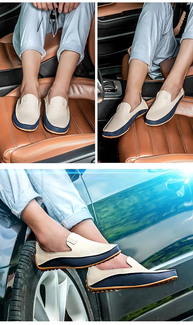 Summer Men Casual Flats Fashion Genuine Leather Soft Moccasins Brand Loafers High Quality Breathable Men Dress Shoes Size 36-47