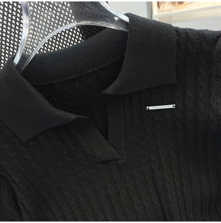 Summer Women's Polo-neck Short-sleeved Shirt Ice Silk Twist Stripe Knitting T-Shirt Thread Loose Minimalist Lapel Pullover Tees