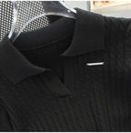 Summer Women's Polo-neck Short-sleeved Shirt Ice Silk Twist Stripe Knitting T-Shirt Thread Loose Minimalist Lapel Pullover Tees