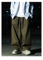 Solid Color Wide Leg Cargo Pants Mens Baggy Pleated Streetwear Elastic Waist Casual Loose Trousers Men