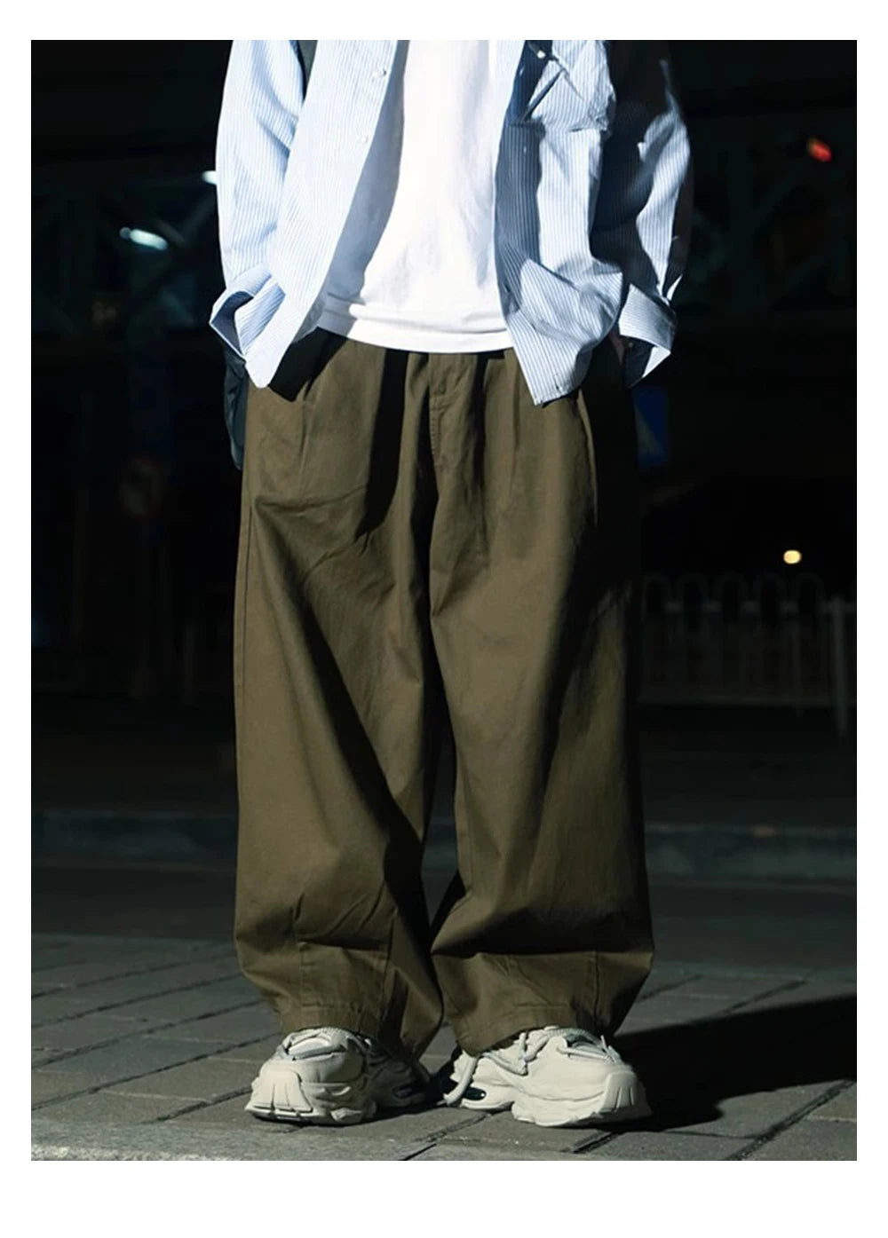 Solid Color Wide Leg Cargo Pants Mens Baggy Pleated Streetwear Elastic Waist Casual Loose Trousers Men