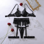 Ellolace Willowy Women's Lingerie Sets Luxury Sequin Bra Belt Thong 3PC with Leg Circles Luxury Tulle Women Intimate Underwear