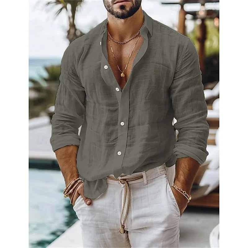 Men's linen shirt, summer shirt, cotton-linen blend button shirt, solid color vacation casual shirt, blue, white, black, pink