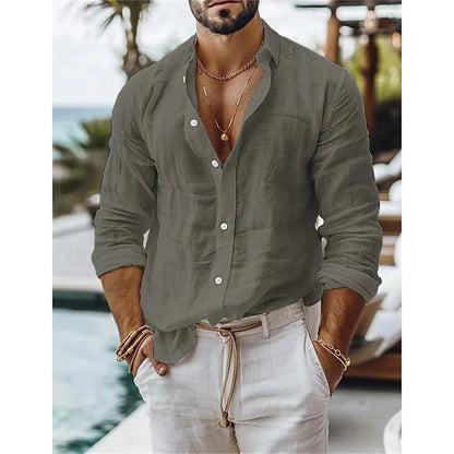 Men's linen shirt, summer shirt, cotton-linen blend button shirt, solid color vacation casual shirt, blue, white, black, pink