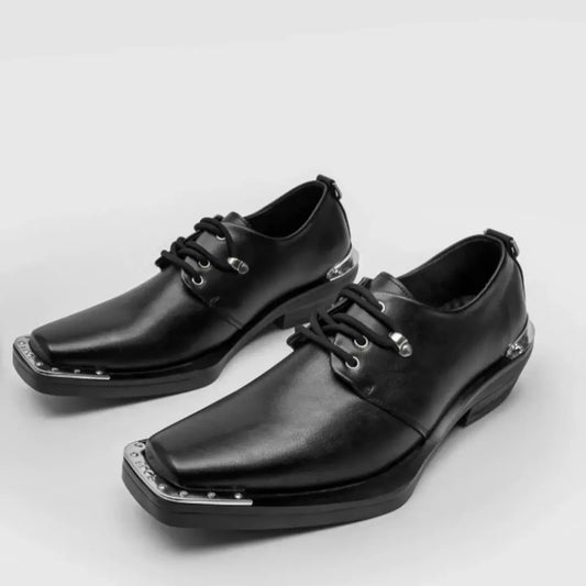 Brand Man Dress Up Shoes Leather Slip On Low Derby Shoes For Men Gothic Vintage Luxury Designer Shoes Black Square Toe Summer