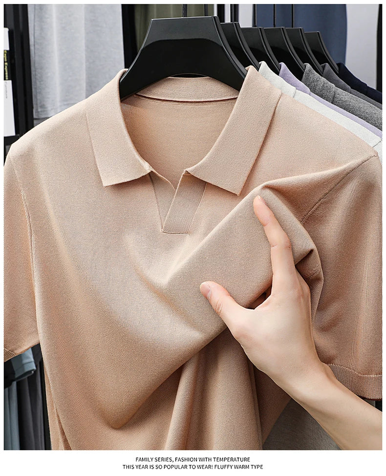100%  Lyocell Knitwear 2025 Men Spring Summer Trendy Turn Down Collar Knit Tees Short Sleeve Breathable Knit Tops